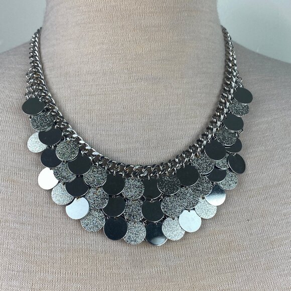 Silver Tone Disc Chain Bib Necklace 19-23" - Picture 1 of 9
